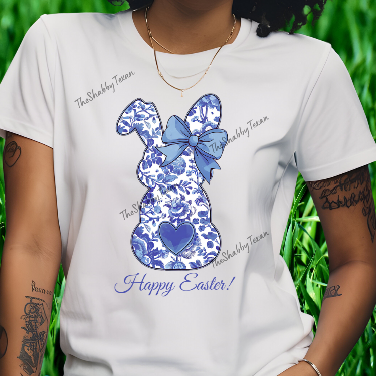 Blue Floral Happy Easter Bunny Shirts and Transfers