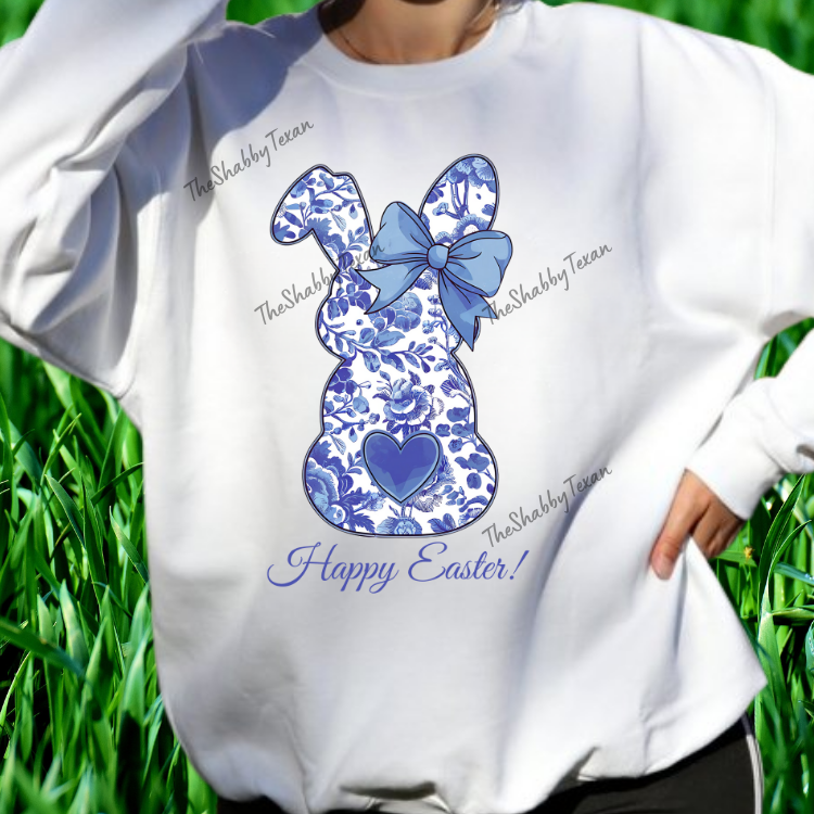 Blue Floral Happy Easter Bunny Shirts and Transfers