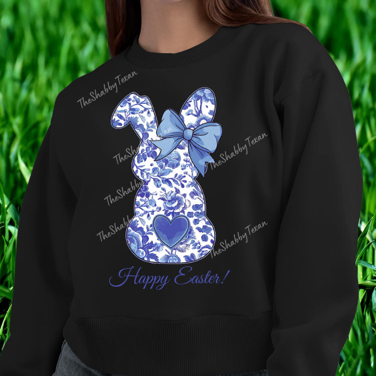 Blue Floral Happy Easter Bunny Shirts and Transfers