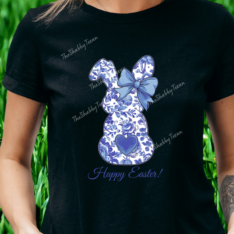 Blue Floral Happy Easter Bunny Shirts and Transfers