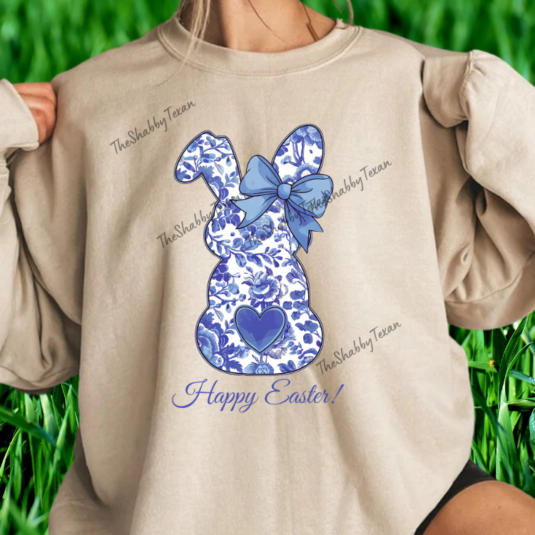 Blue Floral Happy Easter Bunny Shirts and Transfers