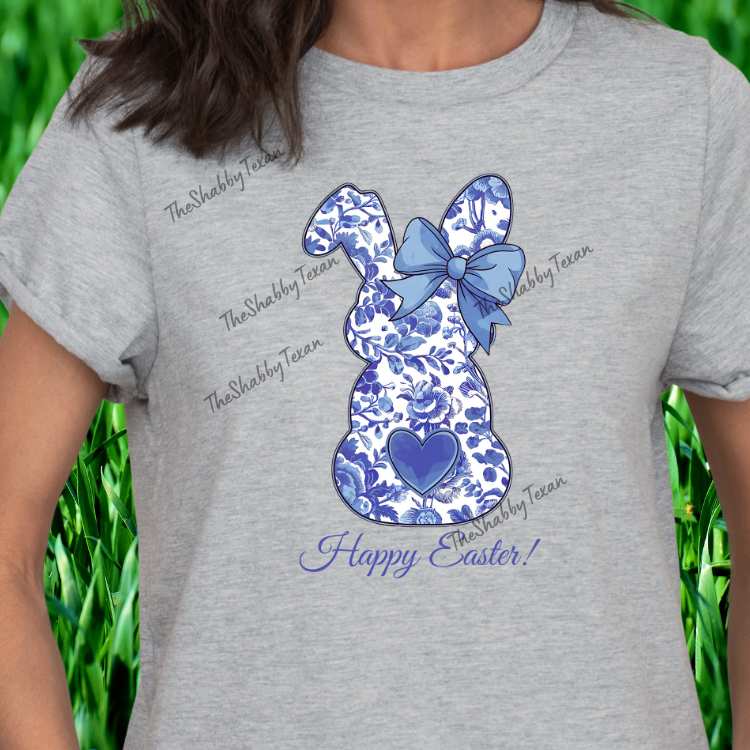 Blue Floral Happy Easter Bunny Shirts and Transfers